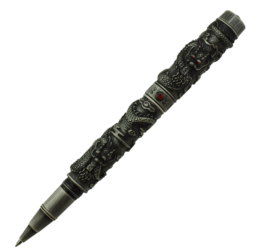 Vintage Collectible Pens - Jinhao Vintage หรูหรา Rollerball ปากกามังกรคู่เล่นไข่มุก, โลหะสีเทาโบราณแกะสลักลายนูน
