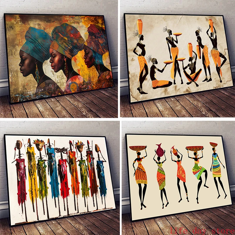 Vintage Things Collection - ภาพวาดผ้าใบผู้หญิงผิวดำแอฟริกันสไตล์วินเทจสำหรับตกแต่งผนังห้องนั่งเล่นและบ้าน