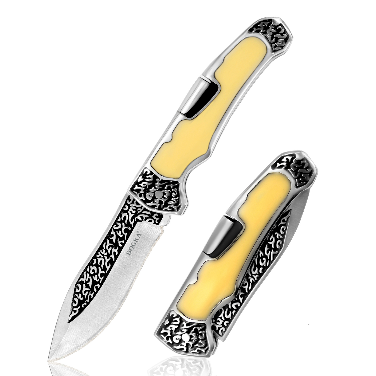 Vintage Collectible Pocket Knives - เครื่องมืออเนกประสงค์พับได้แบบวินเทจ ลายสลัก ด้ามจับสีเหลืองเรียบ พร้อมลายสลักสวยงาม ใบมีดสำหรับตัด พกพาสะดวก