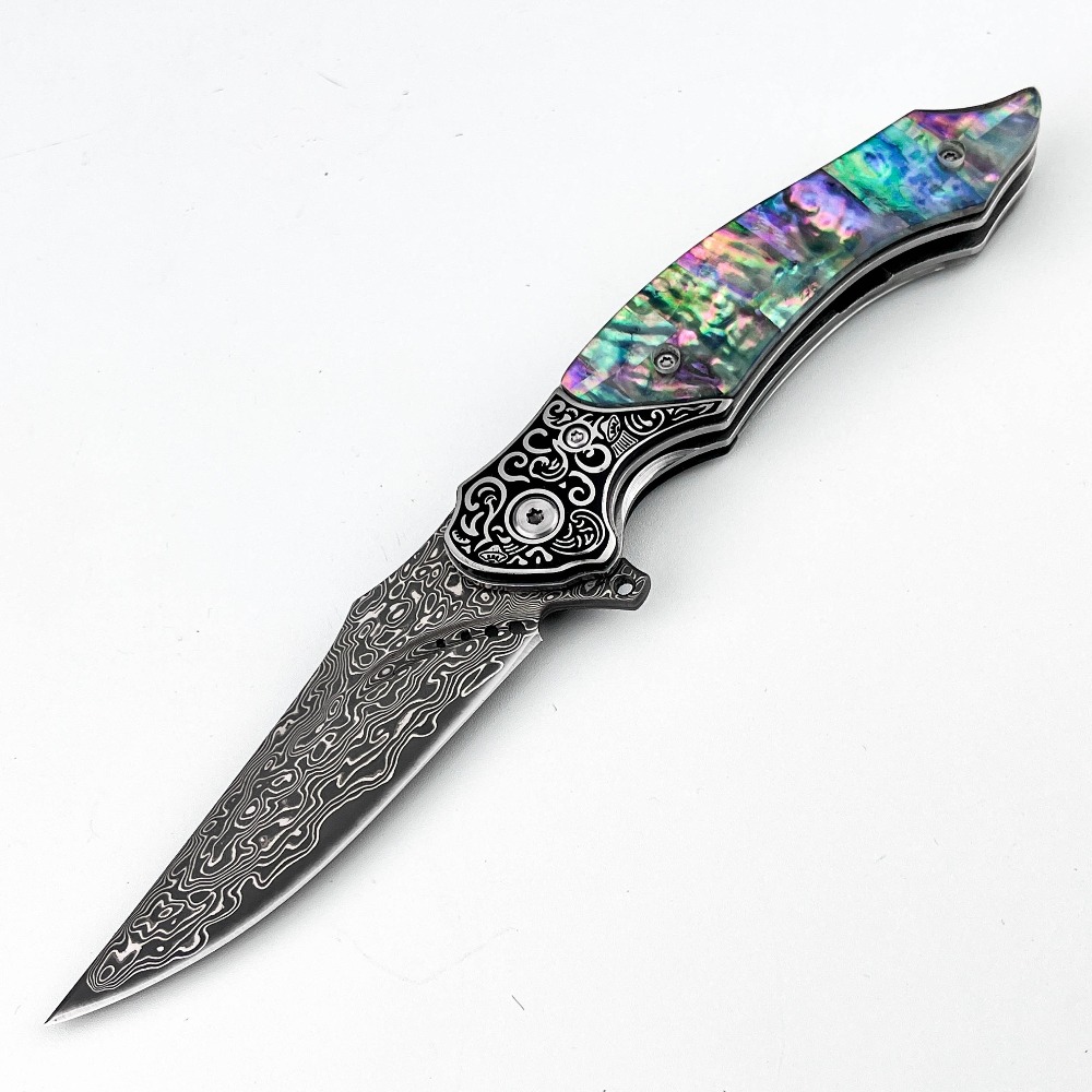 Vintage Collectible Pocket Knives - มีดพับลายดามัสกัสแบบวินเทจใหม่ ด้ามเปลือกหอยมุกสีรุ้ง ของสะสม พกพาสะดวก EDC มีดเดินป่า