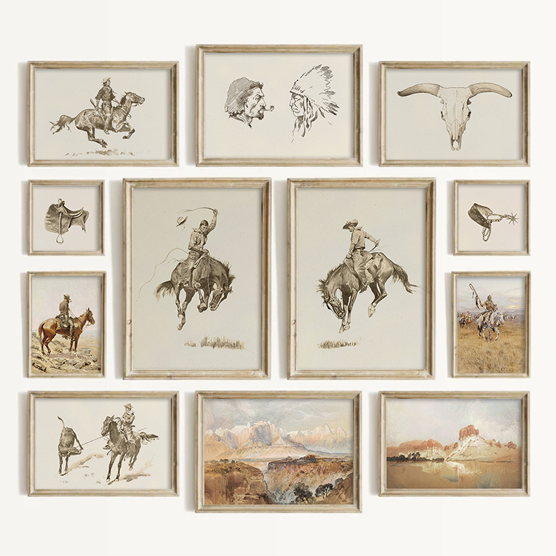 Vintage Things Collection - ภาพตกแต่งผนังสไตล์คาวบอยตะวันตกเฉียงใต้ ภาพพิมพ์แนววินเทจตกแต่งห้องนั่งเล่น ชุดโปสเตอร์สไตล์คันทรี่อเมริกันแบบชนบท