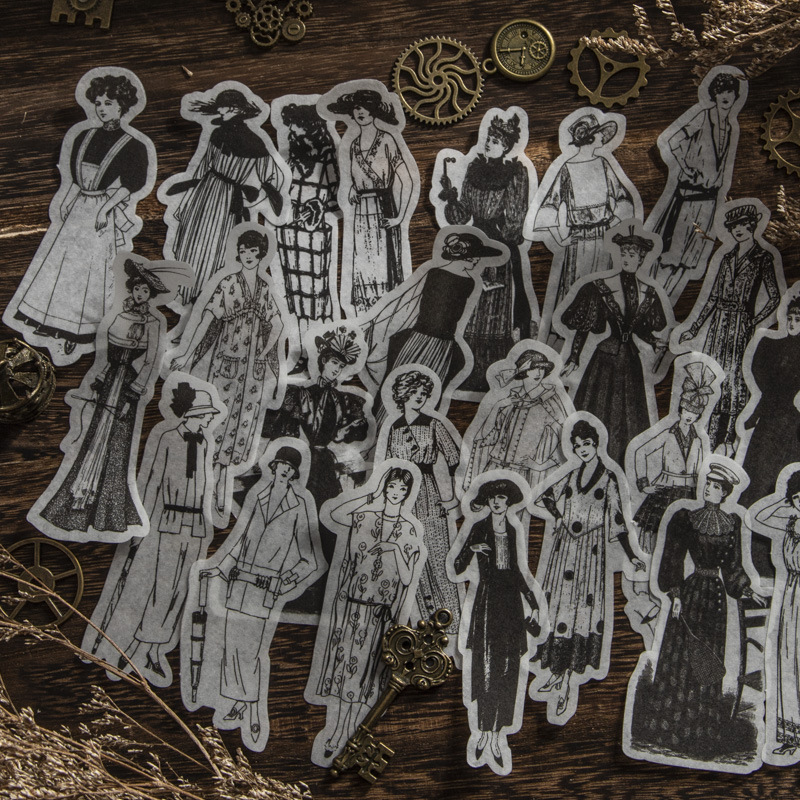 Vintage Things Collection - สติกเกอร์รูปคนยุโรปอเมริกันสีขาวดำสไตล์วินเทจ 1 แพ็ค/100 ชิ้น สำหรับตกแต่งสมุดภาพ