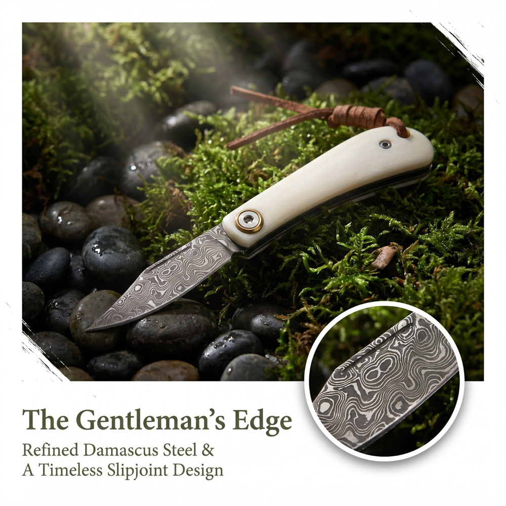 Vintage Collectible Pocket Knives - มีดพับวินเทจลายดามัสกัส ด้ามทำจากกระดูกงาช้าง ขนาดกะทัดรัด เหมาะสำหรับการเอาตัวรอด การตั้งแคมป์ การล่าสัตว์